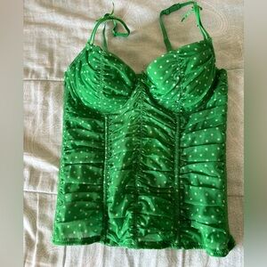 Green and white polka dot mesh corset top